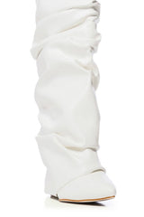 Scrunched Foldover Mid Calf Wedge Heel Boots - White