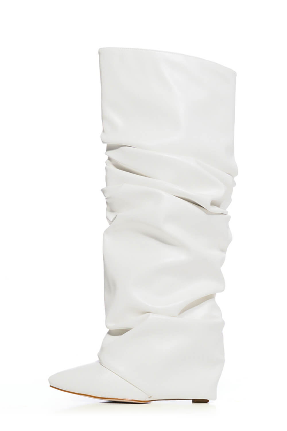 Scrunched Foldover Mid Calf Wedge Heel Boots - White