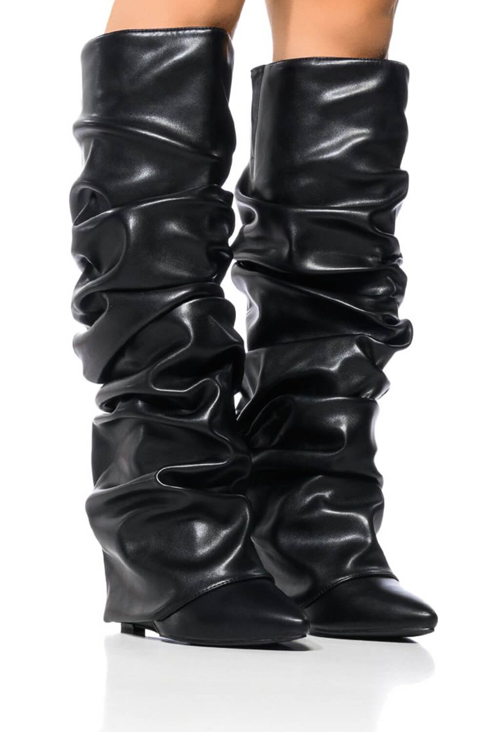 Scrunched Foldover Mid Calf Wedge Heel Boots - Black