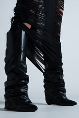 Scrunched Foldover Mid Calf Wedge Heel Boots - Black