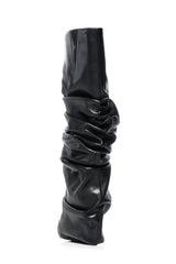 Scrunched Foldover Mid Calf Wedge Heel Boots - Black
