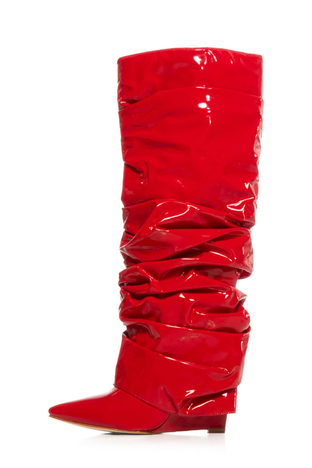 Patent Scrunched Foldover Mid Calf Wedge Heel Boots - Red