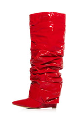 Patent Scrunched Foldover Mid Calf Wedge Heel Boots - Red