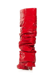 Patent Scrunched Foldover Mid Calf Wedge Heel Boots - Red