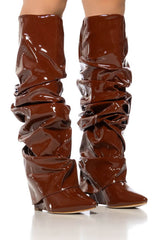 Patent Scrunched Foldover Mid Calf Wedge Heel Boots - Brown
