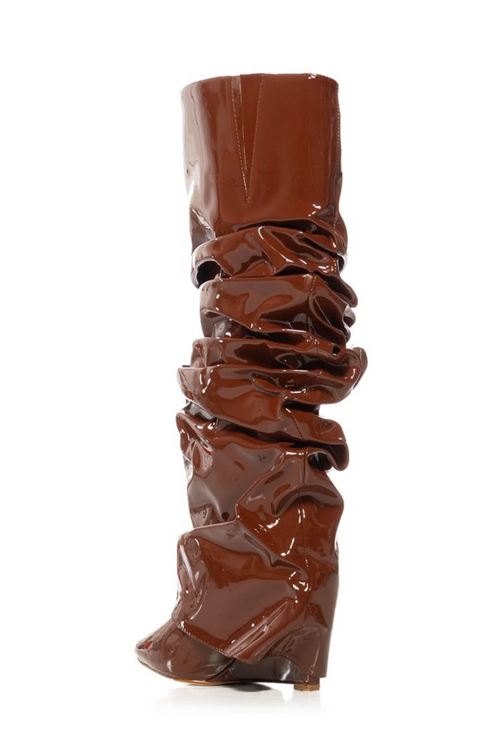 Patent Scrunched Foldover Mid Calf Wedge Heel Boots - Brown