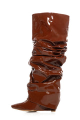 Patent Scrunched Foldover Mid Calf Wedge Heel Boots - Brown