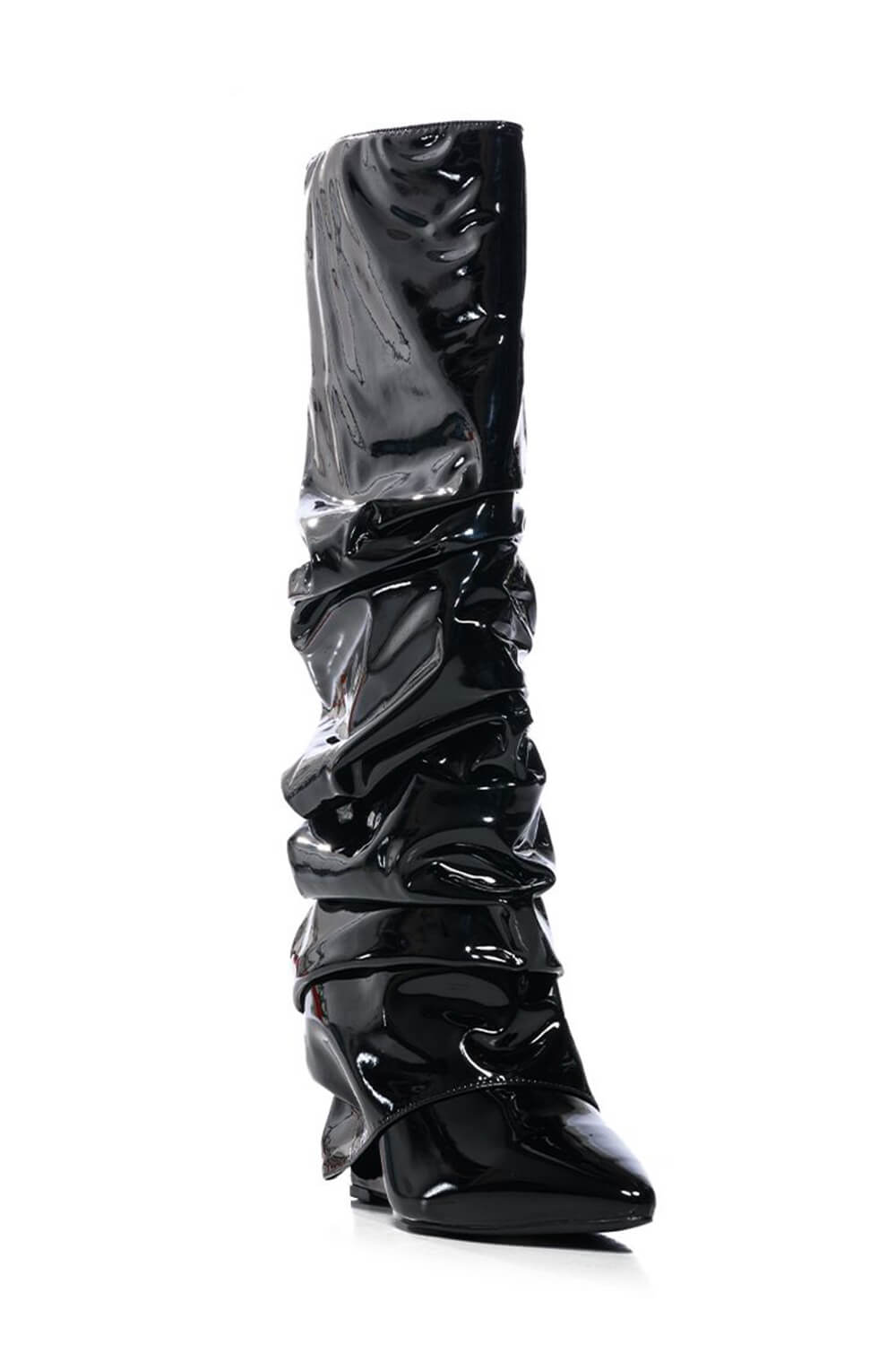 Patent Scrunched Foldover Mid Calf Wedge Heel Boots - Black