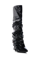 Patent Scrunched Foldover Mid Calf Wedge Heel Boots - Black