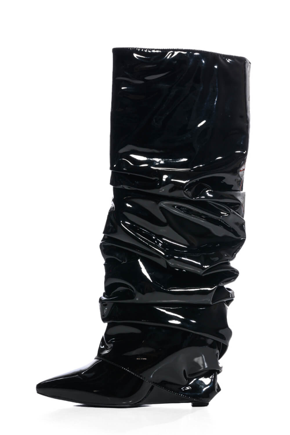 Patent Scrunched Foldover Mid Calf Wedge Heel Boots - Black