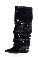 Patent Scrunched Foldover Mid Calf Wedge Heel Boots - Black