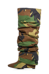 Scrunched Foldover Mid Calf Wedge Heel Boots - Camouflage