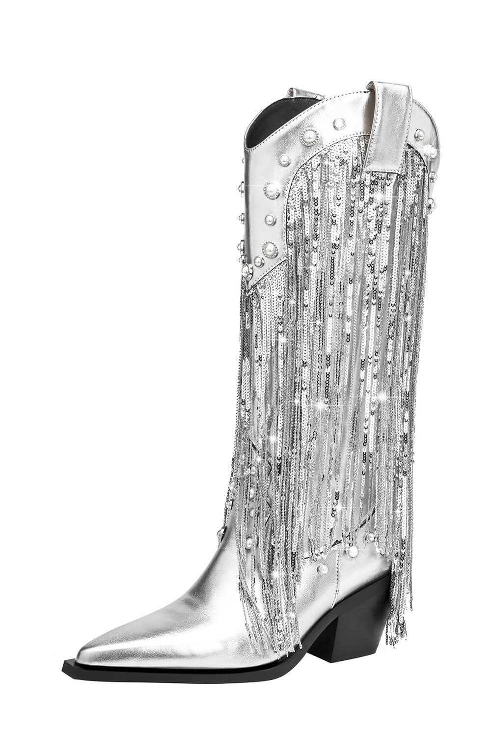 Silver Metallic Patent Sequined Fringe Western Mid-Calf Bootie