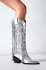 Silver Metallic Patent Sequined Fringe Western Mid-Calf Bootie