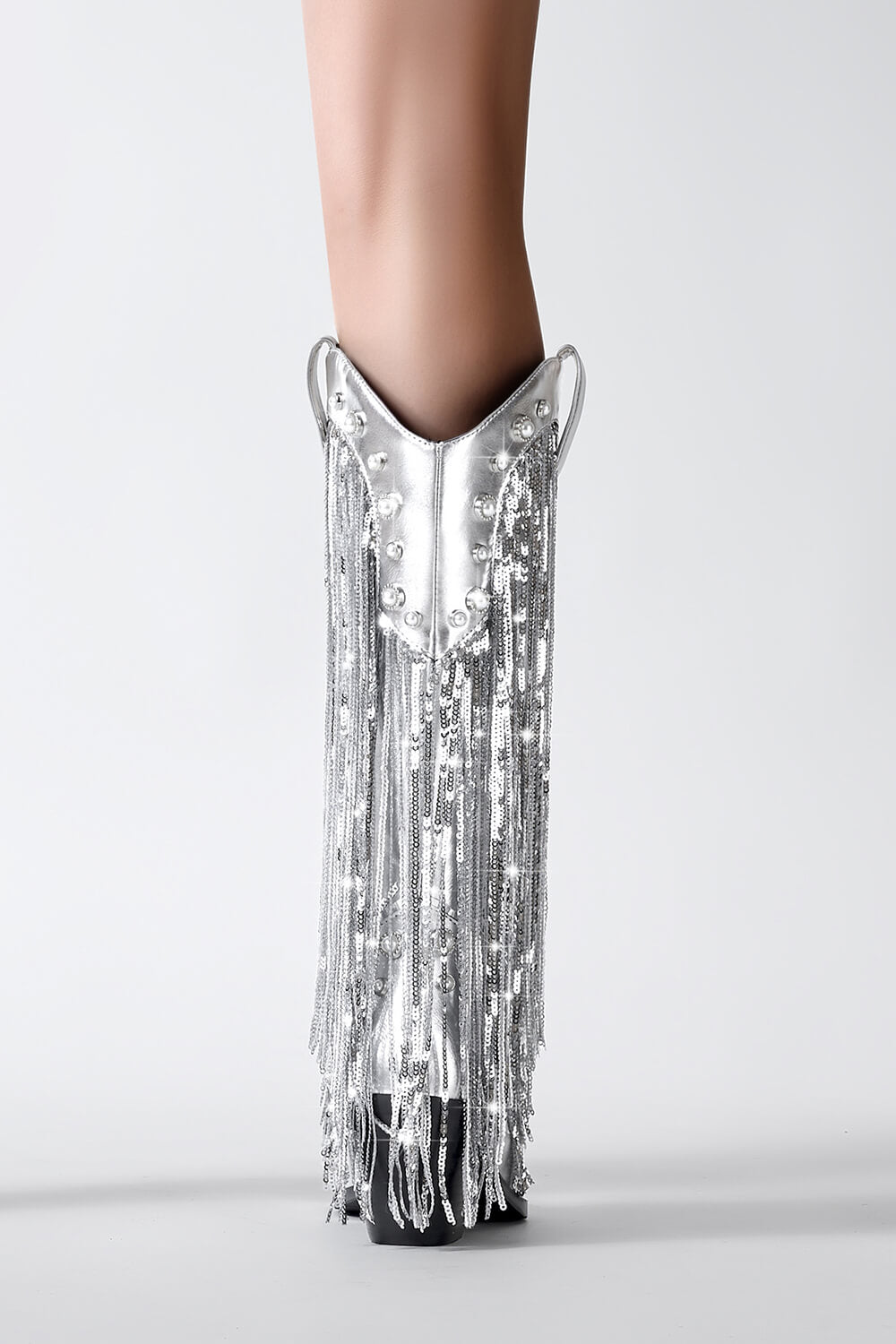 Silver Metallic Patent Sequined Fringe Western Mid-Calf Bootie