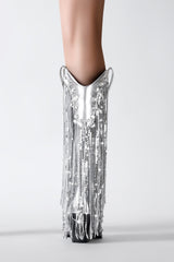 Silver Metallic Patent Sequined Fringe Western Mid-Calf Bootie