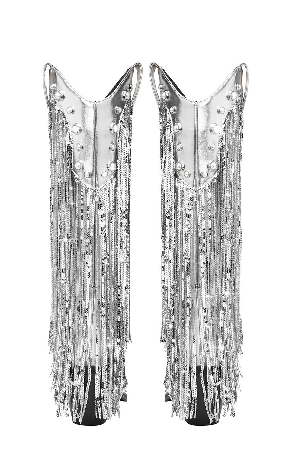 Silver Metallic Patent Sequined Fringe Western Mid-Calf Bootie