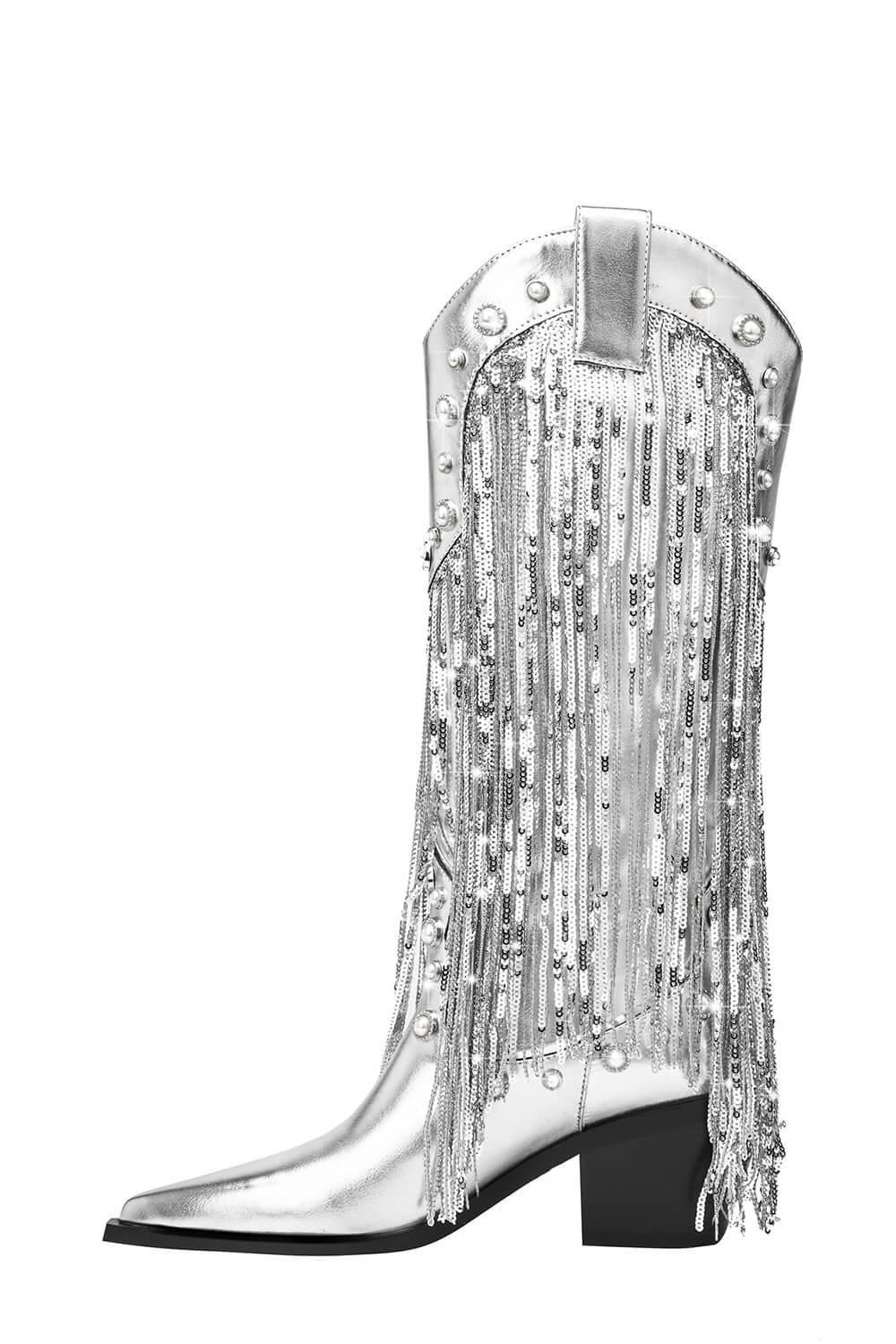 Silver Metallic Patent Sequined Fringe Western Mid-Calf Bootie