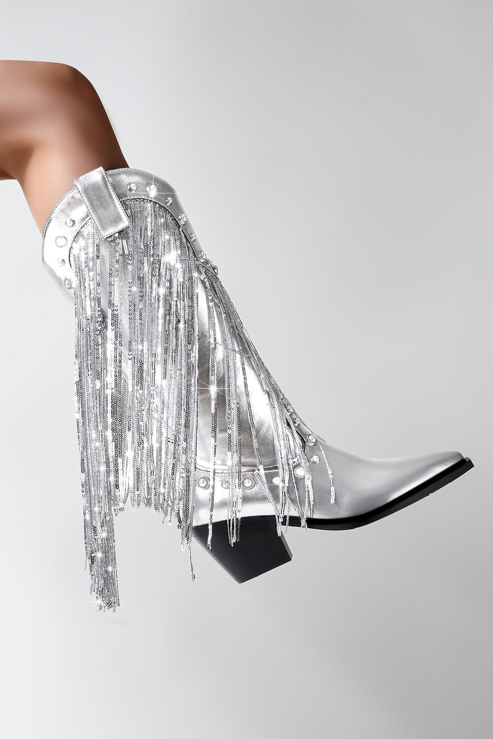 Silver Metallic Patent Sequined Fringe Western Mid-Calf Bootie