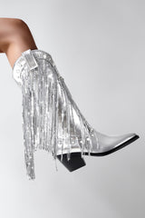 Silver Metallic Patent Sequined Fringe Western Mid-Calf Bootie