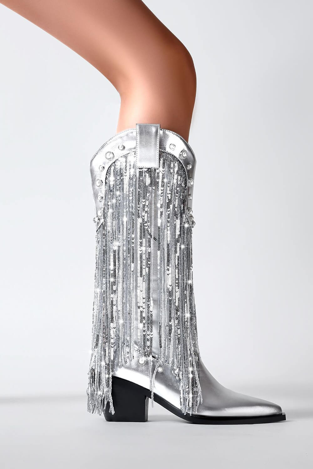 Silver Metallic Patent Sequined Fringe Western Mid-Calf Bootie