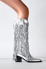 Silver Metallic Patent Sequined Fringe Western Mid-Calf Bootie