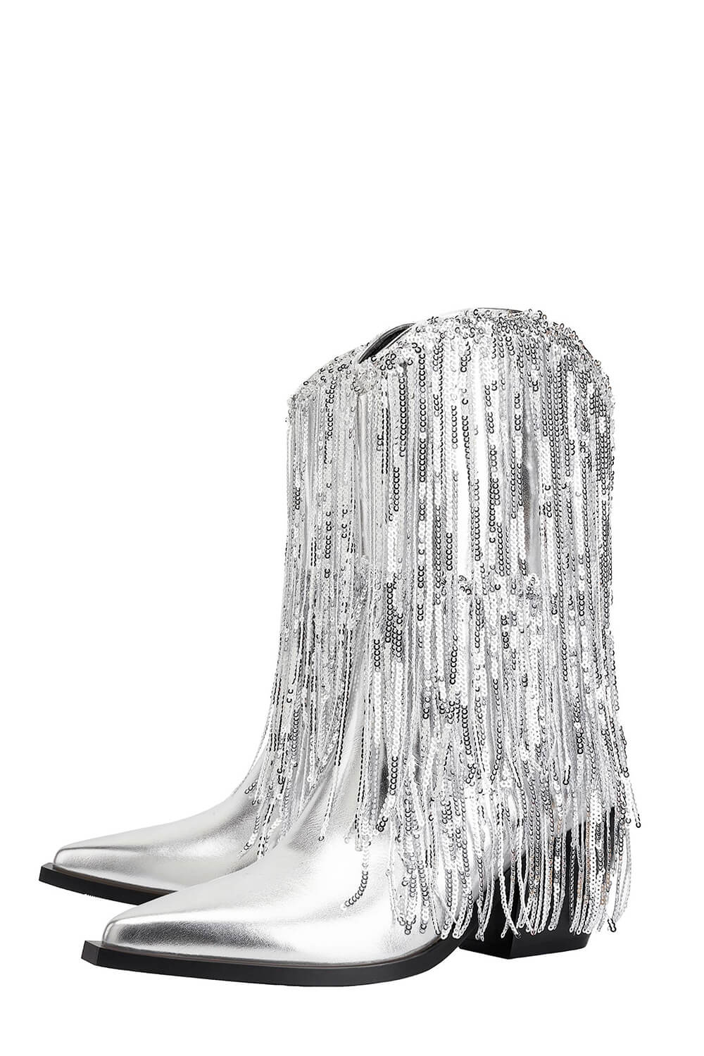 Silver Metallic Patent Sequined Fringe Western Ankle Bootie