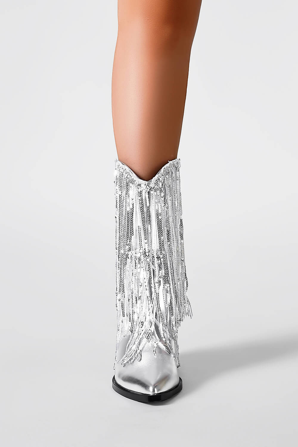 Silver Metallic Patent Sequined Fringe Western Ankle Bootie