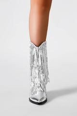 Silver Metallic Patent Sequined Fringe Western Ankle Bootie
