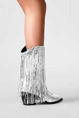 Silver Metallic Patent Sequined Fringe Western Ankle Bootie