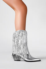 Silver Metallic Patent Sequined Fringe Western Ankle Bootie