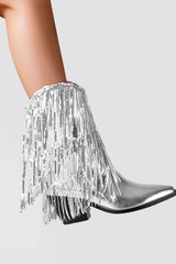 Silver Metallic Patent Sequined Fringe Western Ankle Bootie