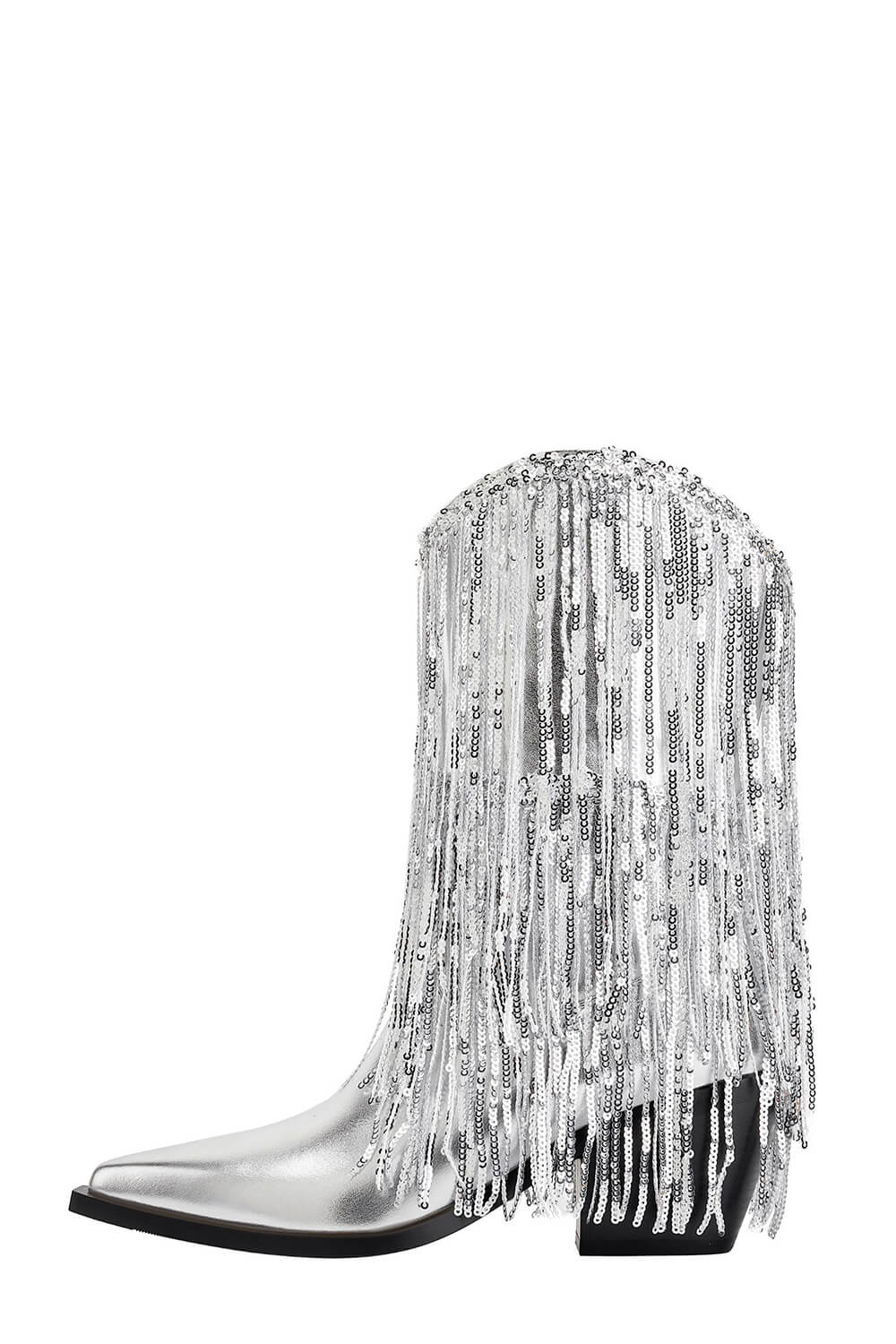 Silver Metallic Patent Sequined Fringe Western Ankle Bootie