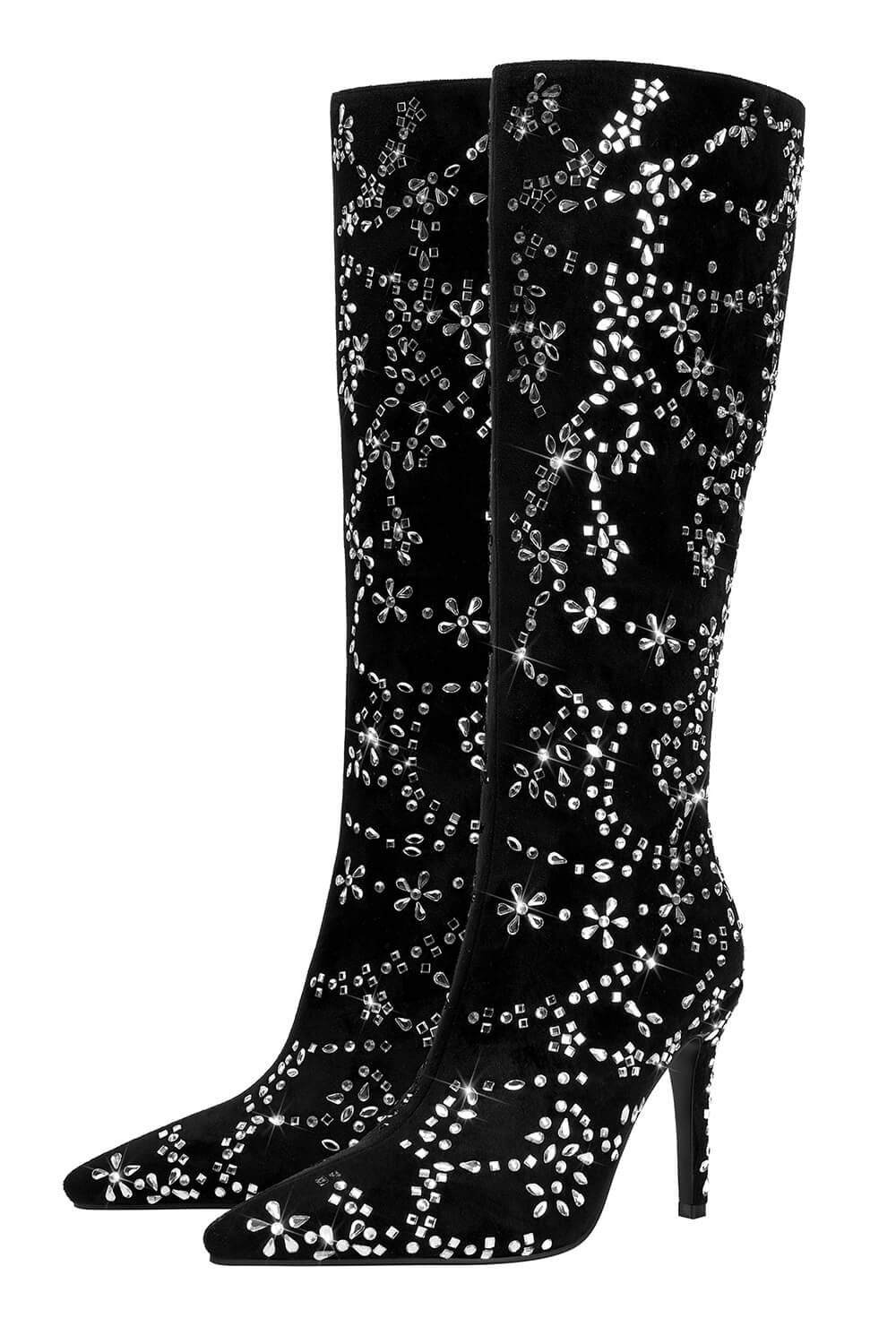 Rhinestone Embellished Faux Suede Pointed Toe Knee High Stiletto Boots