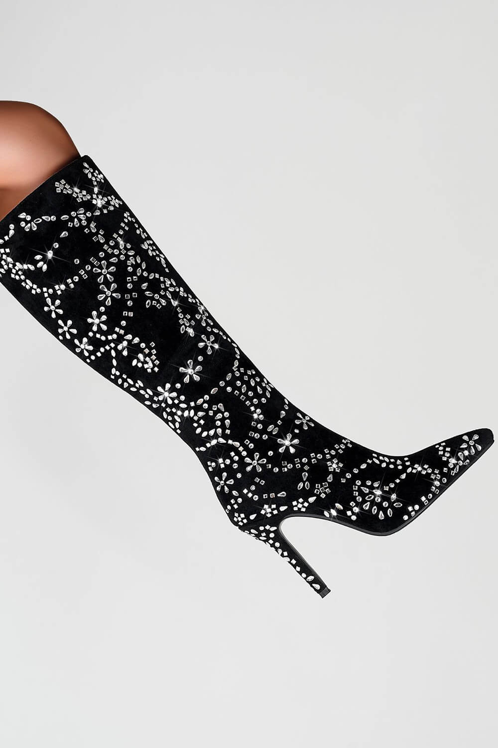 Rhinestone Embellished Faux Suede Pointed Toe Knee High Stiletto Boots