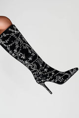 Rhinestone Embellished Faux Suede Pointed Toe Knee High Stiletto Boots