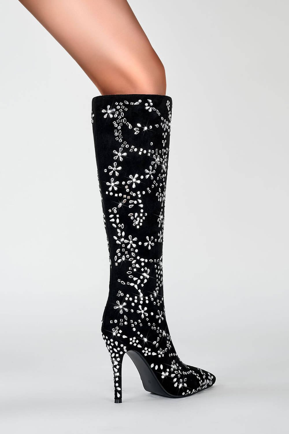 Rhinestone Embellished Faux Suede Pointed Toe Knee High Stiletto Boots
