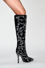 Rhinestone Embellished Faux Suede Pointed Toe Knee High Stiletto Boots