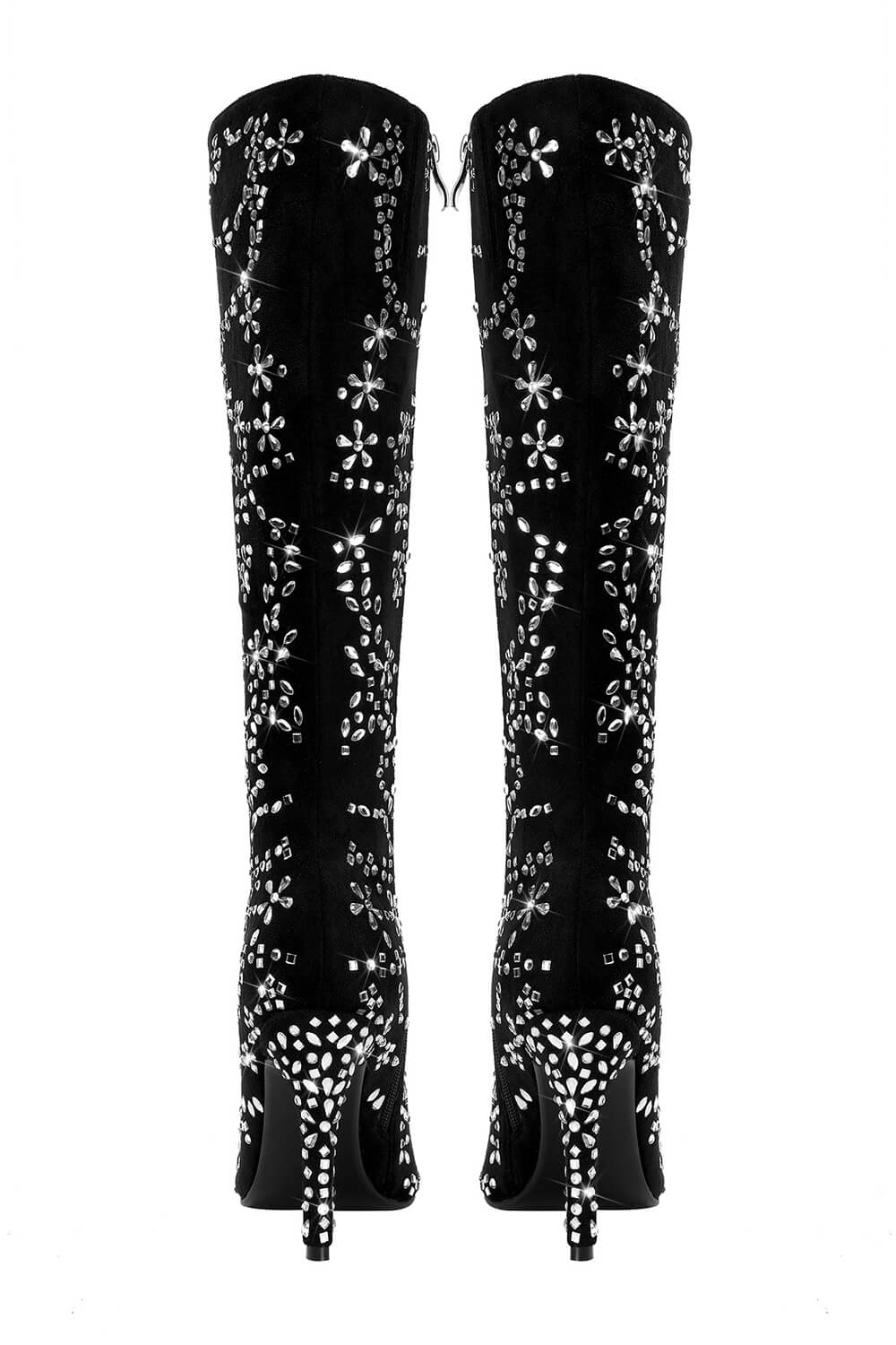 Rhinestone Embellished Faux Suede Pointed Toe Knee High Stiletto Boots