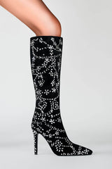 Rhinestone Embellished Faux Suede Pointed Toe Knee High Stiletto Boots