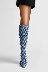 Distressed Checkered Denim Pointed Toe Knee High Stiletto Boots