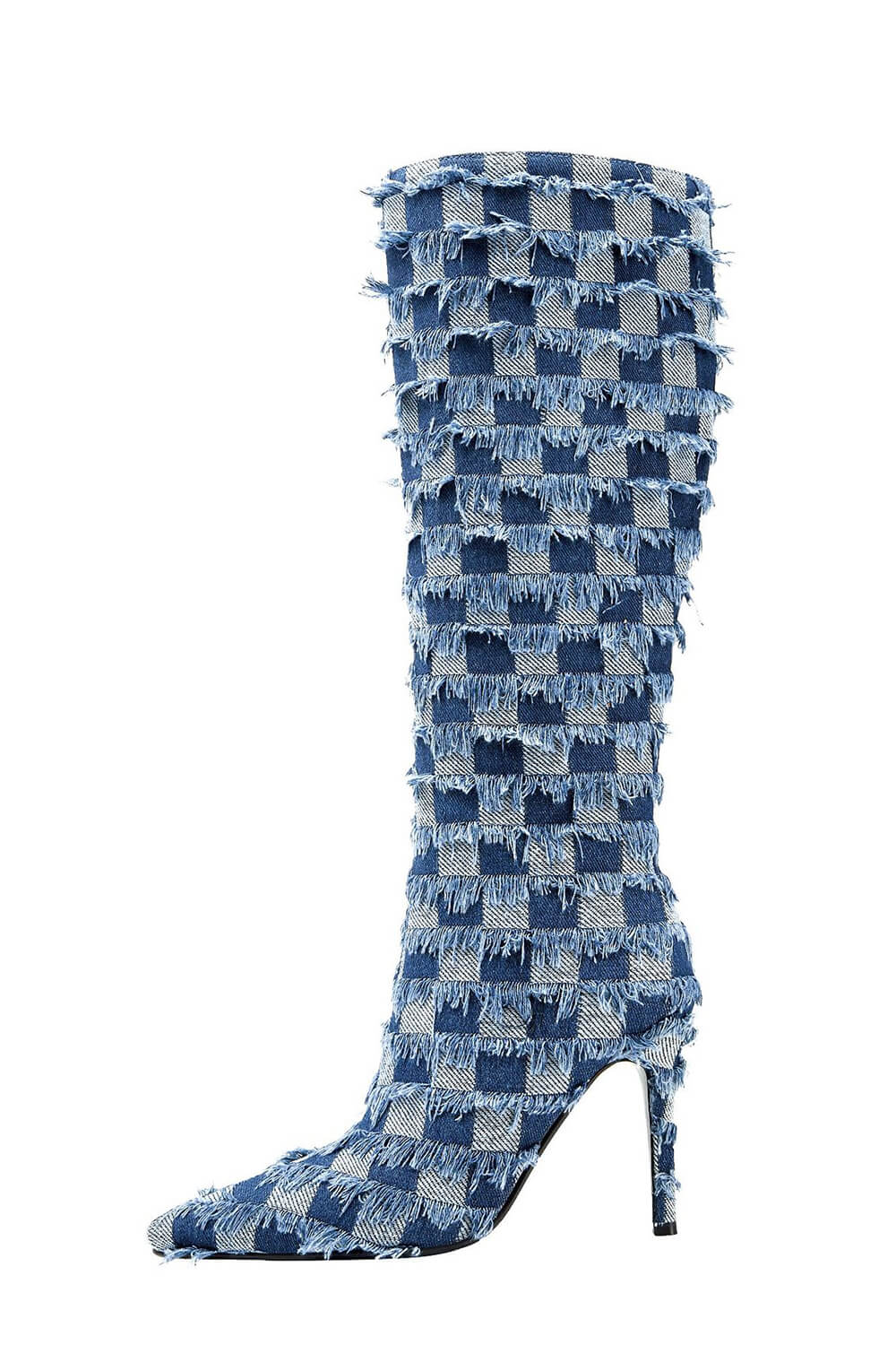 Distressed Checkered Denim Pointed Toe Knee High Stiletto Boots