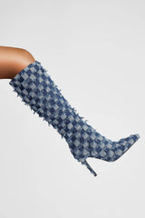 Distressed Checkered Denim Pointed Toe Knee High Stiletto Boots