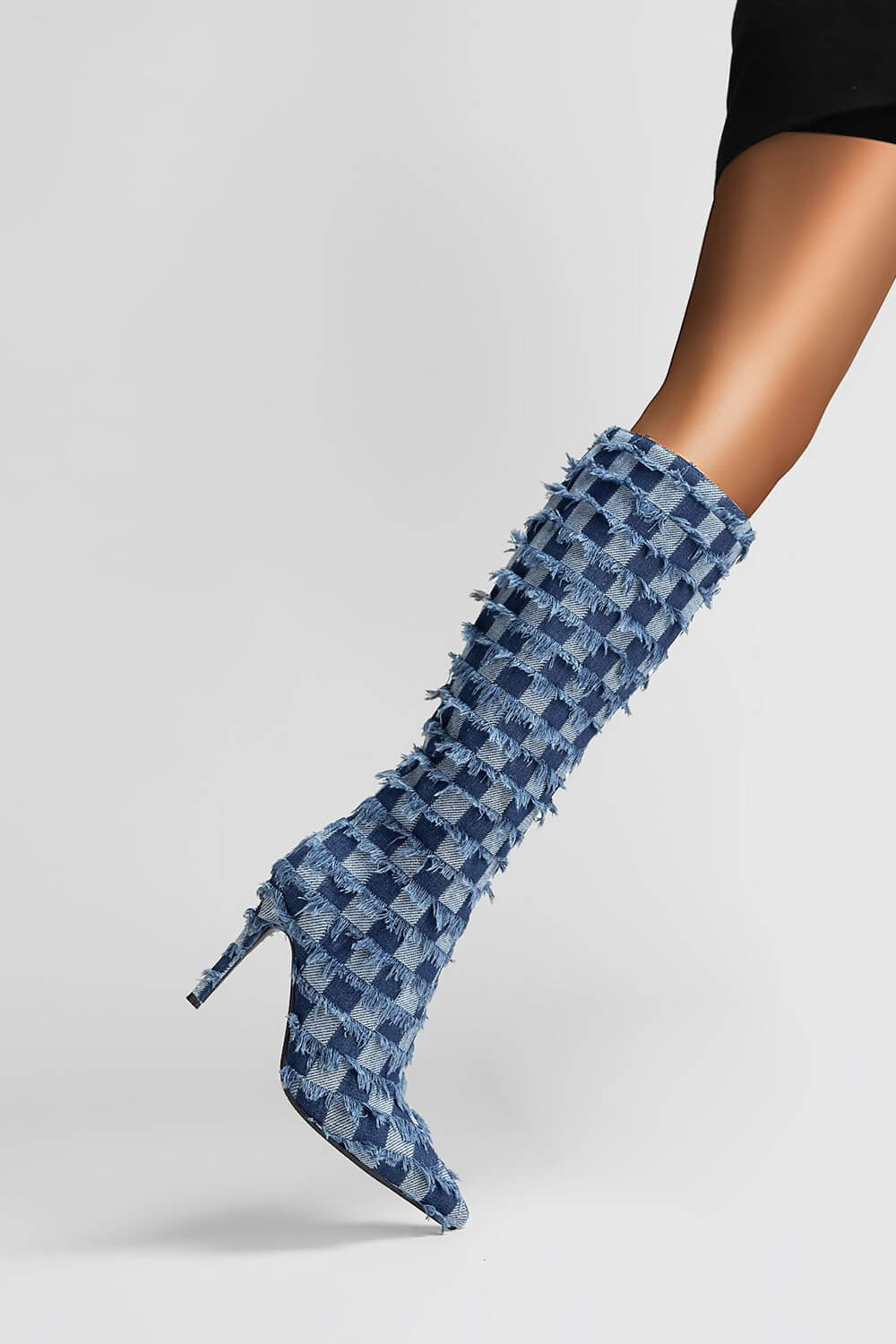 Distressed Checkered Denim Pointed Toe Knee High Stiletto Boots