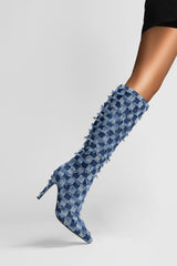 Distressed Checkered Denim Pointed Toe Knee High Stiletto Boots