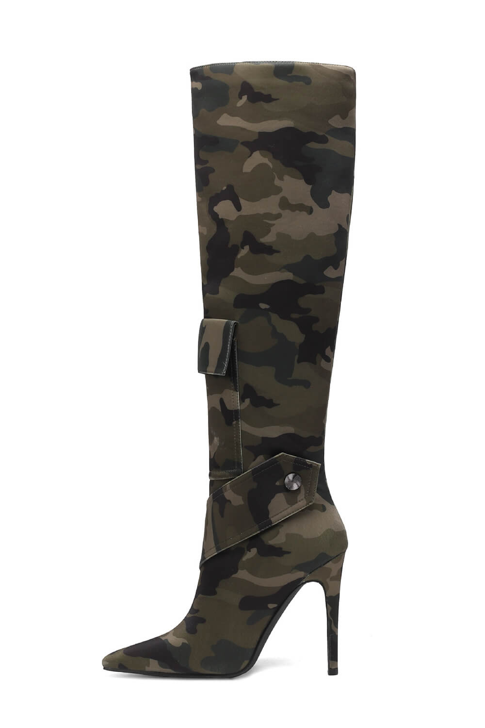 Multi Pocket Detail Pointed Toe Stiletto Heel Knee High Long Boot - Camo Print