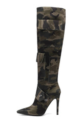Multi Pocket Detail Pointed Toe Stiletto Heel Knee High Long Boot - Camo Print