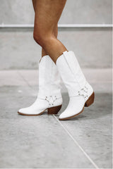 White Buckle Strap Detail Mid-Calf Western Cowgirl Boots
