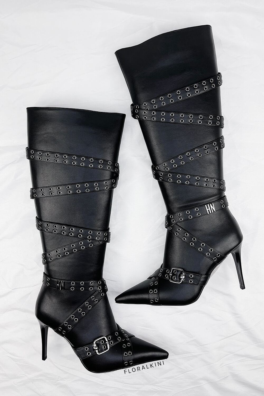 Strap Belt Pointed Toe Knee High Stiletto Boots With Buckle Details - Black