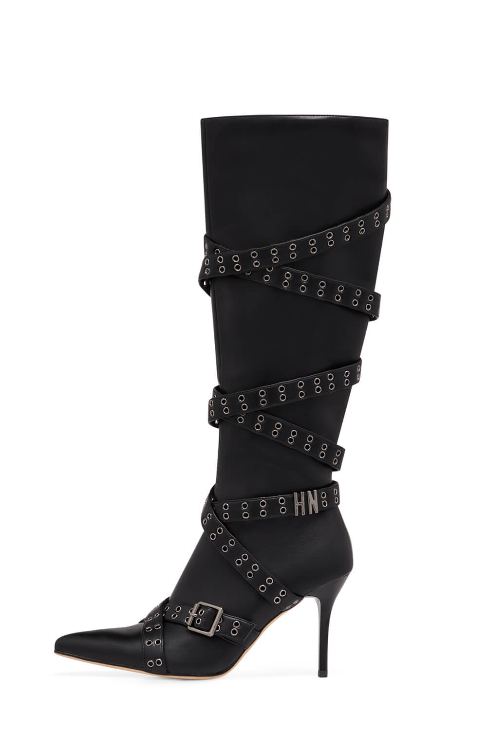 Strap Belt Pointed Toe Knee High Stiletto Boots With Buckle Details - Black
